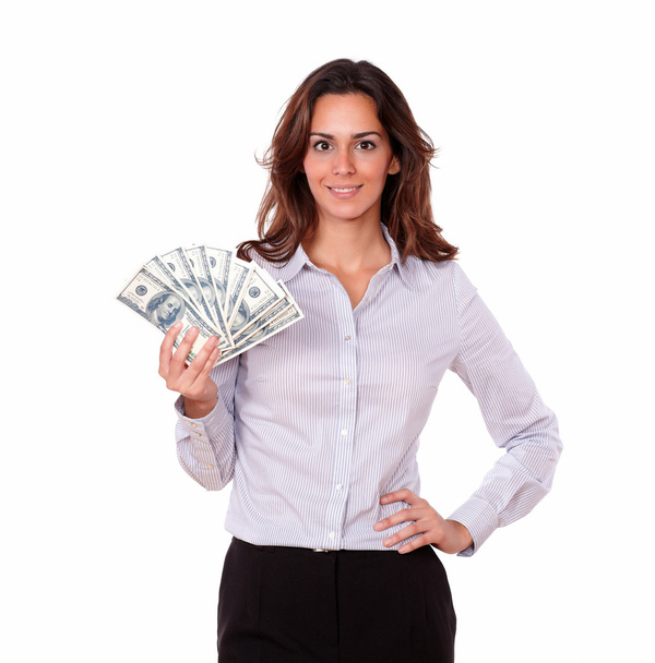 Lovely woman in blouse holding cash dollars - Foto, Imagem