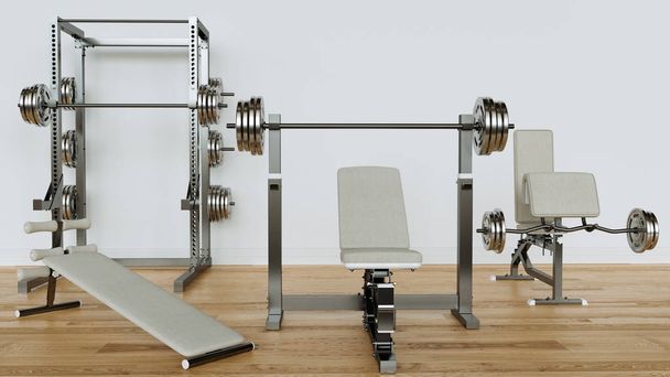 Attrezzature per l'allenamento con i pesi in una stanza bianca e vuota sul parquet - 3D Rendering
 - Foto, immagini