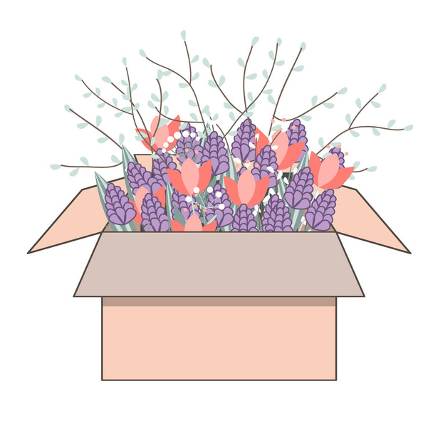 Tulips flowers in the cardboard box. Bouquet of spring doodle hyacinths and tulips, vector illustartion - Vector, Image