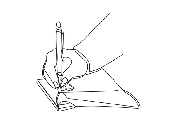 Hand schrijven vector doorlopende één lijntekening illustratie. Persoon schrijven op een boek met een inkt pen minimalisme stijl. - Vector, afbeelding