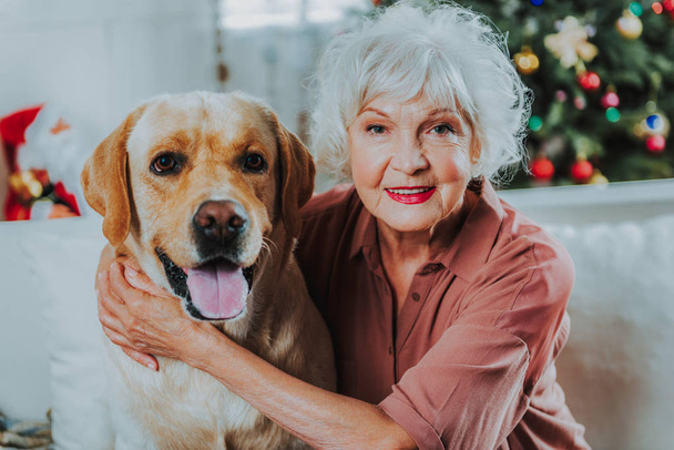 Happy old lady with dog at home - Zdjęcie, obraz