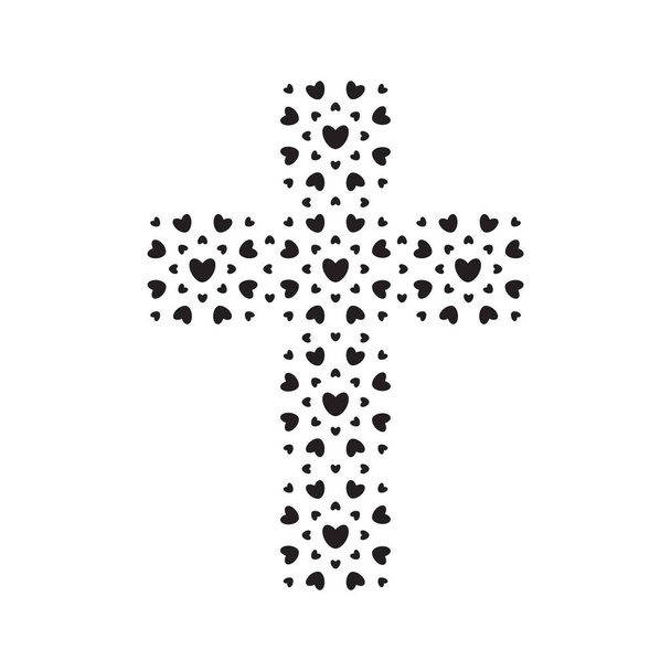 Symbol chrześcijański, czarne serca krzyż ikona. Bóg jest znakiem miłości. Szablon logo Kościoła. Ilustracja wektorowa na białym tle. - Wektor, obraz