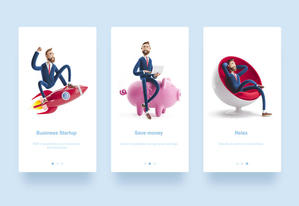 3d Illustration set. Portrait of a handsome businessman with piggy bank. Safe money storage concept. Concept of  business startup, launching of a new company.  - Photo, Image