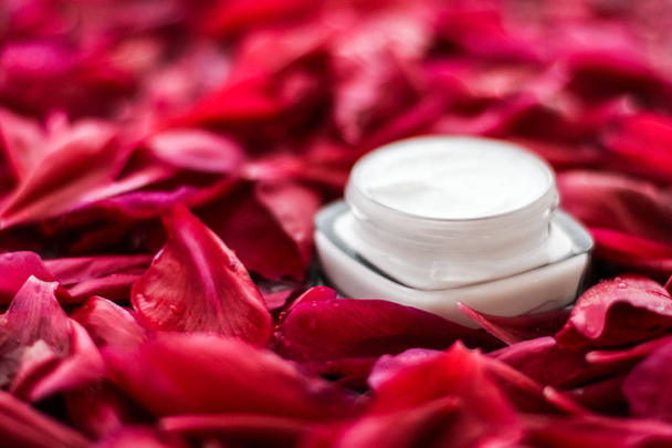 Crema hidratante para el cuidado de la piel sensible sobre pétalos de flores rojas y wa
 - Foto, imagen