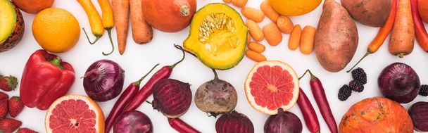 panoramic shot of colorful fresh vegetables and fruits on white background - Photo, Image