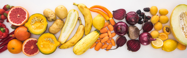 panoramic shot of fresh autumn vegetables and fruits on white background - Photo, Image