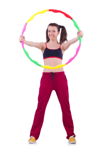 Woman doing exercises with hula hoop - Foto, Imagen