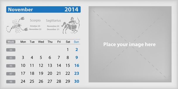 2014 novemberében naptár, és a zodiákus - Vektor, kép
