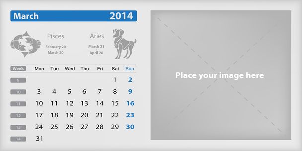 Marzo 2014 Calendario y Zodíaco
 - Vector, imagen