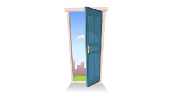 Türöffnung mit Hintergrund / 4k Animation einer Cartoon-Haustür Öffnen und Schließen mit Querformat und schwarzer Ebene - Filmmaterial, Video
