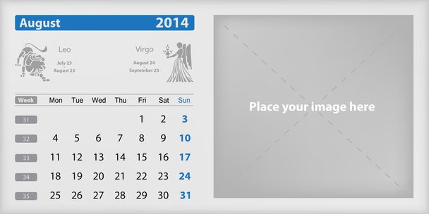Agosto 2014 Calendario y Zodíaco
 - Vector, Imagen