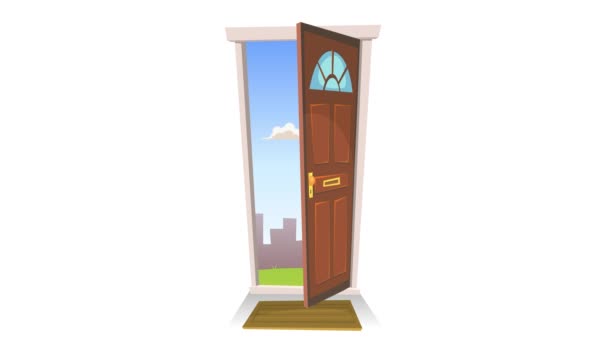 Door Opening With Background/ 4k animation of a cartoon front door opening and closing with landscape and black layer version - Footage, Video