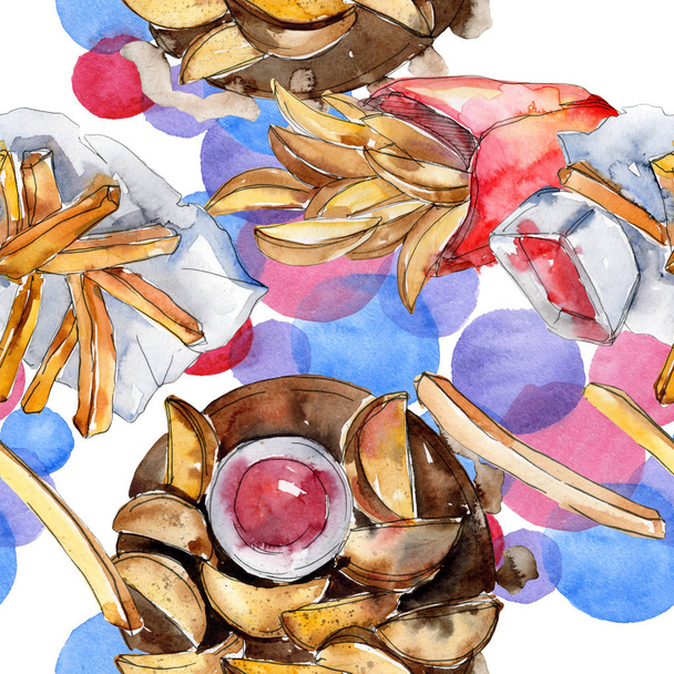 Fast food french fries tasty food. Watercolor background illustration set. Seamless background pattern. - Fotó, kép
