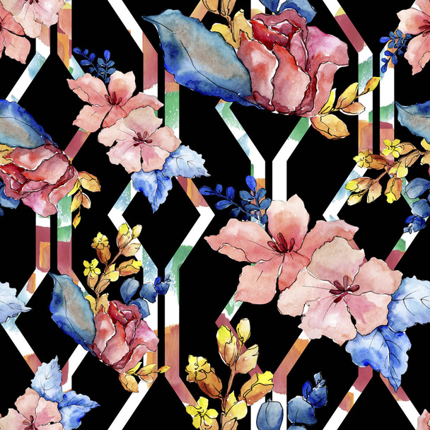 Bouquets floral botanical flowers. Watercolor background illustration set. Seamless background pattern. - Фото, изображение