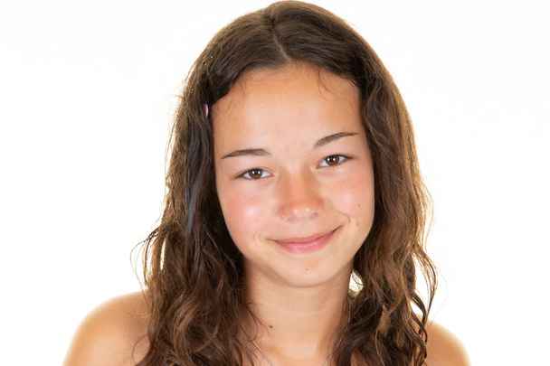 Portrait smiling young girl teen brunette curly - Photo, Image