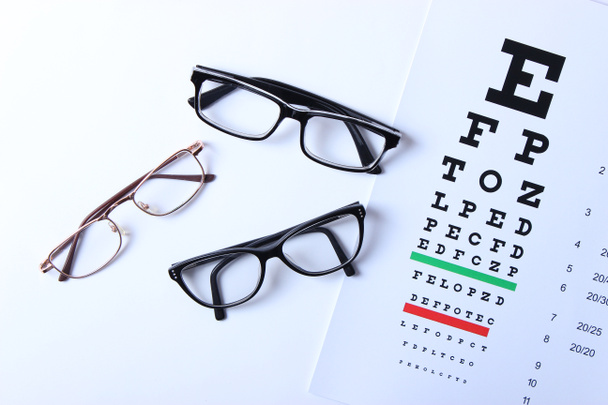 una tabla para comprobar la visión, las gafas y los lentes para corregir la visión en un fondo de color, la vista superior. Accesorios oftalmólogos. - Foto, Imagen