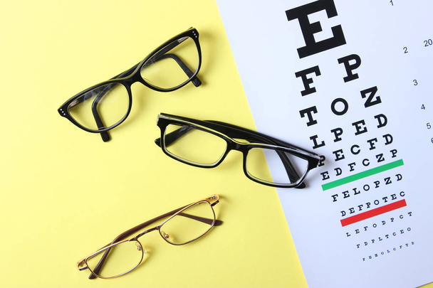 une table pour vérifier la vision, des lunettes et des lentilles pour corriger la vision sur un fond coloré, vue de dessus. Ophtalmologiste Accessoires. - Photo, image