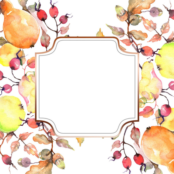バラのヒップフルーツと梨の枝。●水彩背景イラストセット。フレームボーダーオーナメント正方形. - 写真・画像