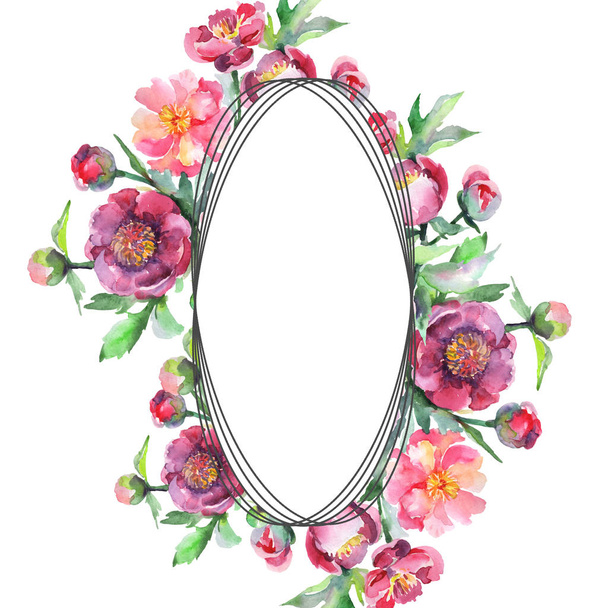Peony boeket bloemen botanische bloemen. Aquarel achtergrond illustratie instellen. Frame rand ornament vierkant. - Foto, afbeelding
