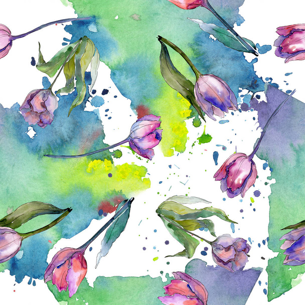 Tulipán púrpura flores botánicas florales. Conjunto de ilustración de fondo acuarela. Patrón de fondo sin costuras
. - Foto, imagen