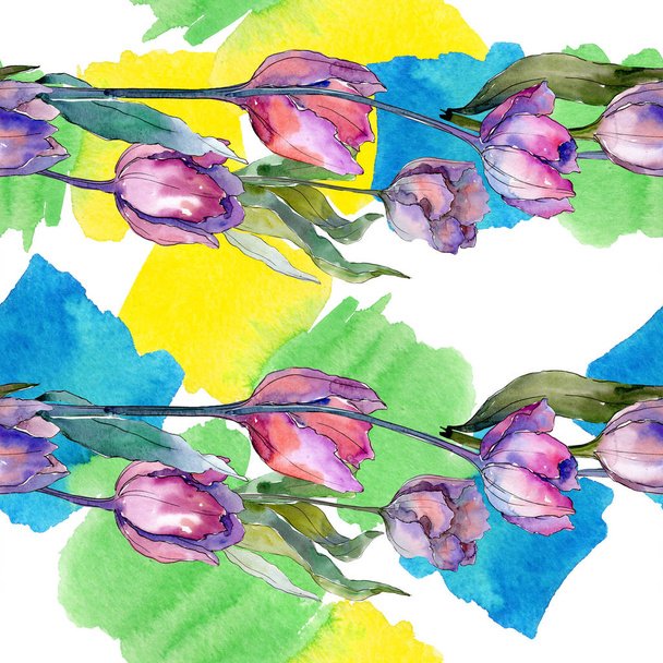 Flor tulipa roxa flores botânicas florais. Conjunto de ilustração de fundo aquarela. Padrão de fundo sem costura
. - Foto, Imagem