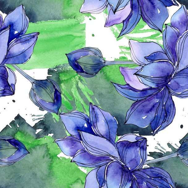 Niebieski Lotos kwiatowy kwiatów botanicznych. Akwarela zestaw ilustracji tła. Płynny wzór tła. - Zdjęcie, obraz