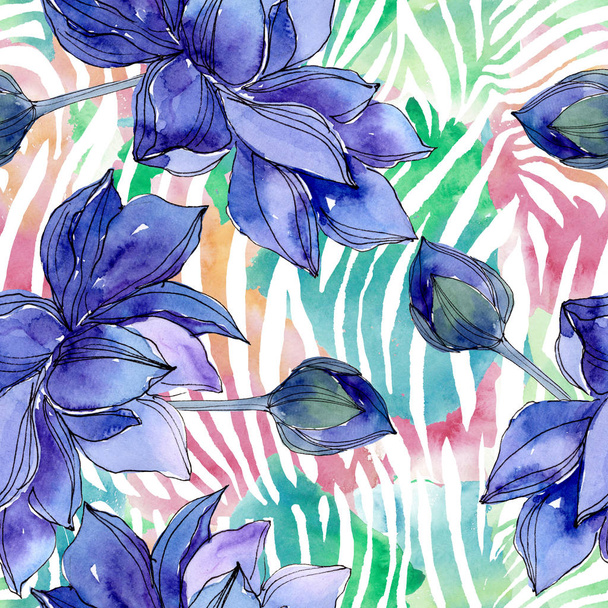 Niebieski Lotos kwiatowy kwiatów botanicznych. Akwarela zestaw ilustracji tła. Płynny wzór tła. - Zdjęcie, obraz
