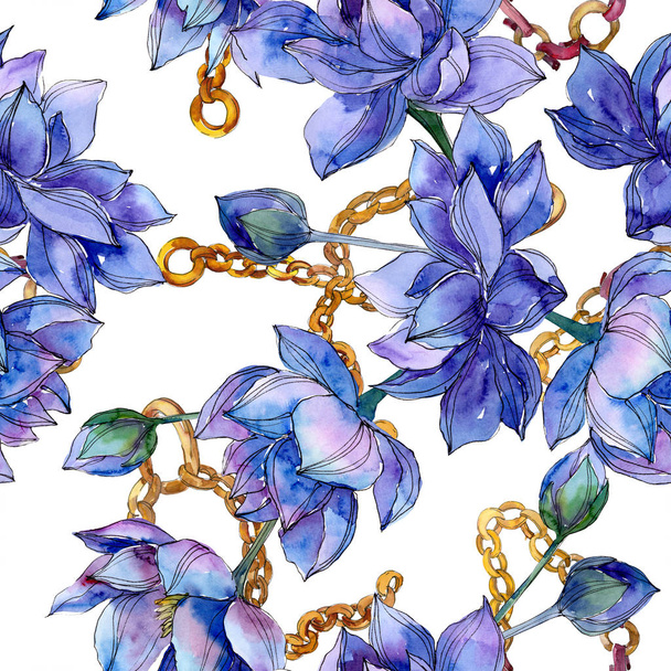 Blue lotus floral botanical flowers. Watercolor background illustration set. Seamless background pattern. - Fotoğraf, Görsel