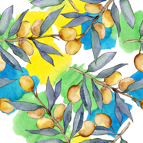 Olive branch with green fruit. Watercolor background illustration set. Seamless background pattern. - Photo, image