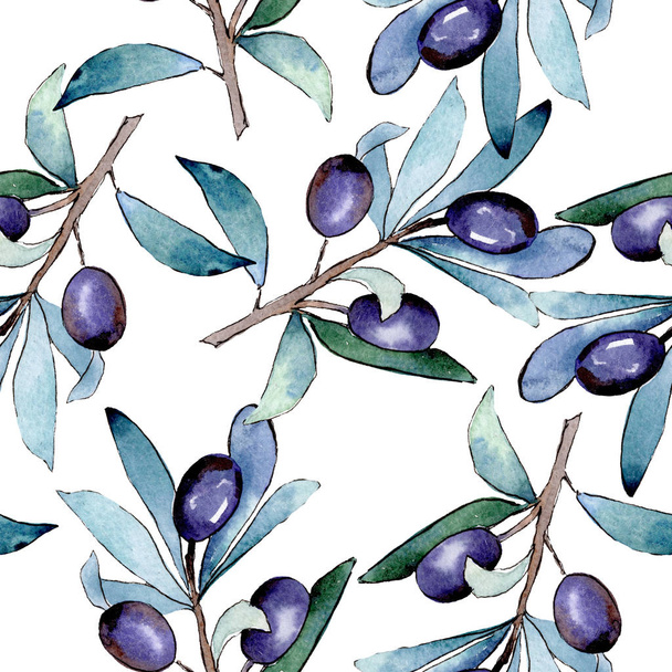 Olive branch with black fruit. Watercolor background illustration set. Seamless background pattern. - Fotó, kép