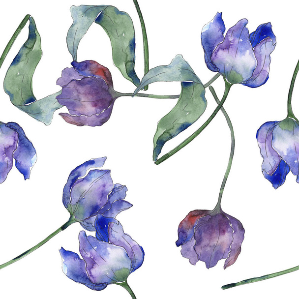 Purple tulip floral botanical flowers. Watercolor background illustration set. Seamless background pattern. - Zdjęcie, obraz