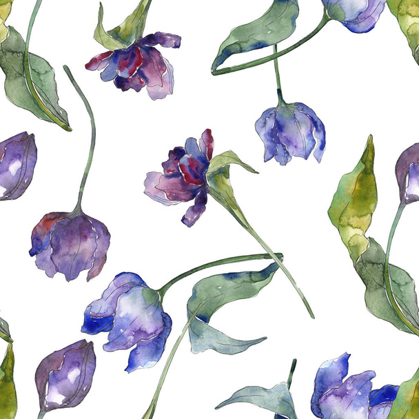 lila Tulpe florale botanische Blumen. Aquarell Hintergrundillustration Set. nahtloses Hintergrundmuster. - Foto, Bild