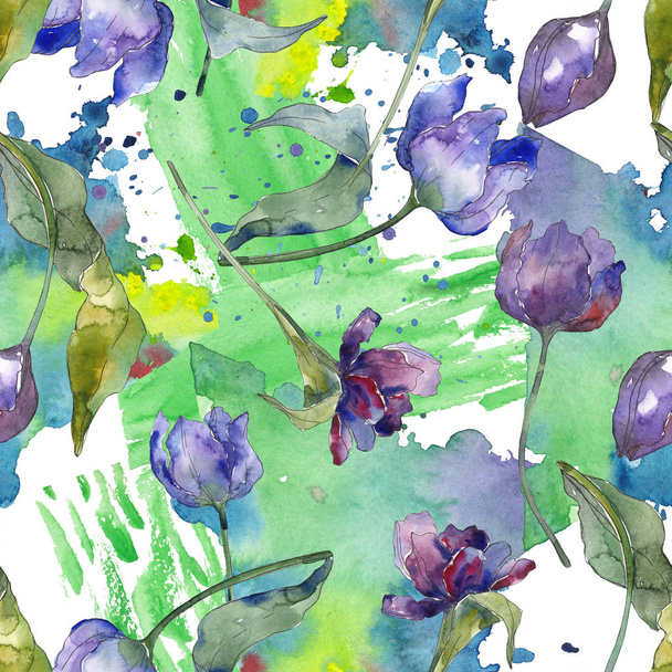 lila Tulpe florale botanische Blumen. Aquarell Hintergrundillustration Set. nahtloses Hintergrundmuster. - Foto, Bild