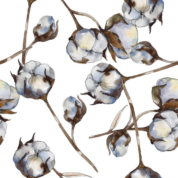 White cotton floral botanical flowers. Watercolor illustration set. Seamless background pattern. - Foto, imagen