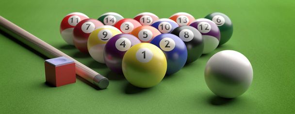 Billiard table, pool balls set on green felt. 3d illustration - Photo, Image