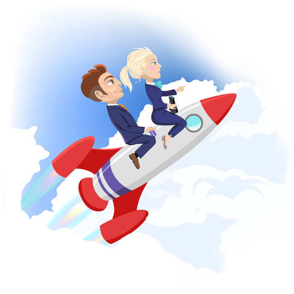 businessman with lady partner riding together on a rocket in space in a concept of success, achievement, start-up and opportunities - Vector, Image