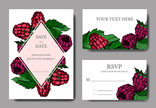 Vector Raspberry healthy food isolated. Black and white engraved ink art. Wedding background card decorative border. - Vector, Image