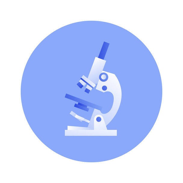 Вектор плоска наукова ілюстрація медичного обладнання. Лабораторний мікроскоп в синьому колі рамки ізольовані на білому тлі. Елемент піктограми дизайну плаката, флаєра, карти, банера
 - Вектор, зображення