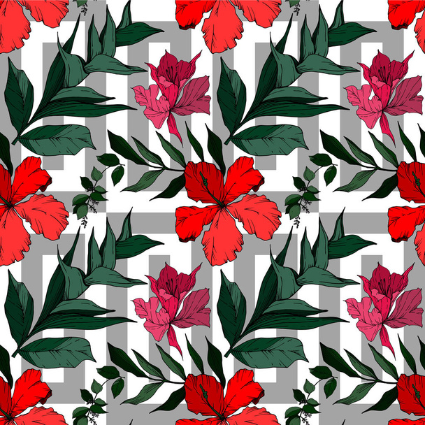 Vector Tropical flowers and leaves isolated. Black and white engraved ink art. Seamless background pattern. - Vector, Imagen