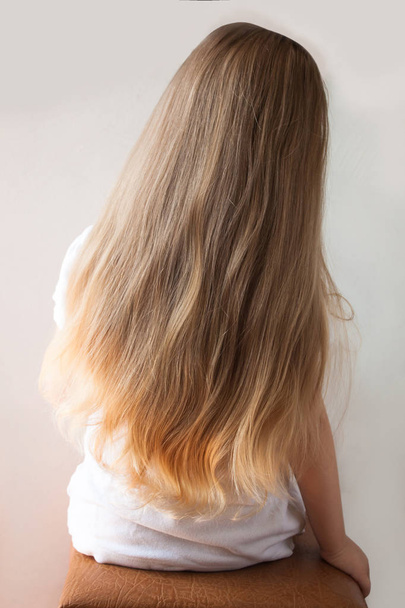 Χαριτωμένο κορίτσι με μακριά ξανθά μαλλιά. Πίσω όψη του μικρού κορίτσκι - Φωτογραφία, εικόνα