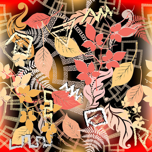 Autumn leaves abstract modern seamless pattern. Greek geometric background. Leafy repeat backdrop. Grunge hand drawn doodle zigzag lines, shapes, greek key meanders ornament. Floral ornate design - Вектор, зображення