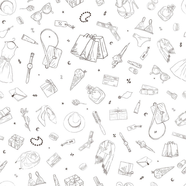 Seamless pattern with shopping icons. Woman holiday purchase, hand drawn background - Vektori, kuva