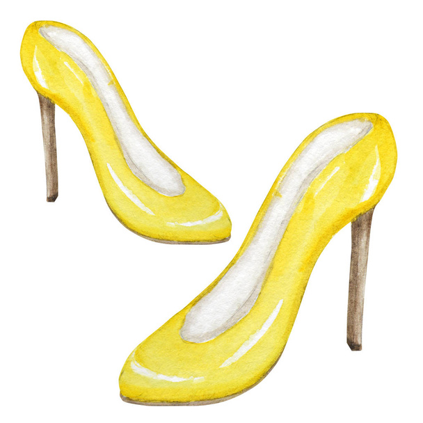 Gelbe Damenschuhe auf Stöckelschuhen. Smart Luxus Damenschuh Kollektion. gemalte handgezeichnete Aquarell-Illustration isoliert auf weißem Hintergrund. - Foto, Bild