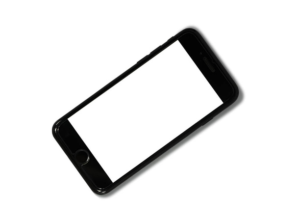 白い背景に隔離された黒い携帯電話は、コピースペースを持つ  - 写真・画像