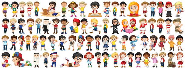 Kinderen met verschillende nationaliteiten op witte achtergrond - Vector, afbeelding