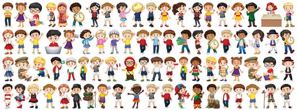 Kinderen met verschillende nationaliteiten op witte achtergrond - Vector, afbeelding