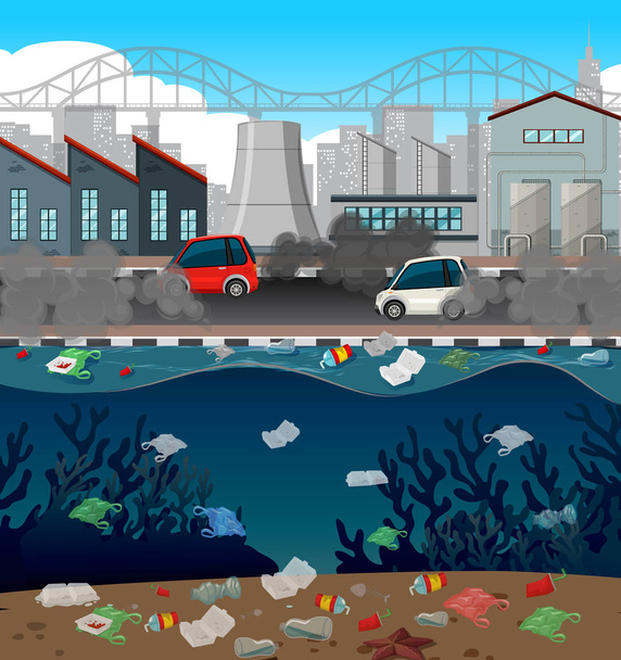 Zanieczyszczenie wody folią plastikową w mieście - Wektor, obraz