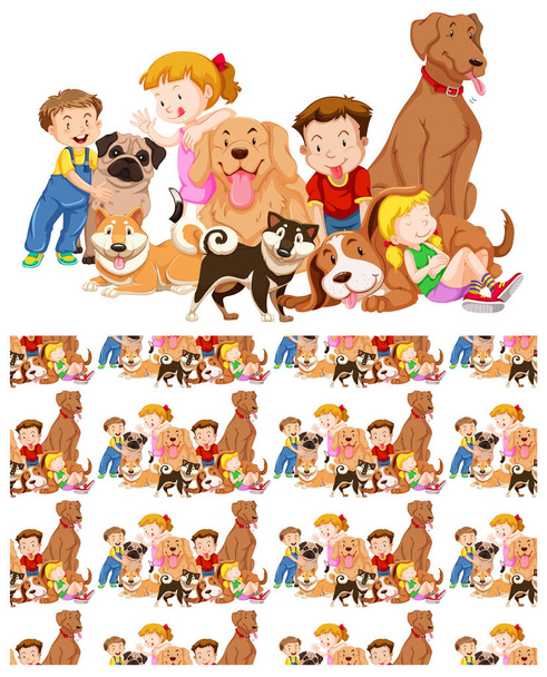 Απρόσκοπτη σχεδίαση φόντου με τα παιδιά και πολλά σκυλιά - Διάνυσμα, εικόνα