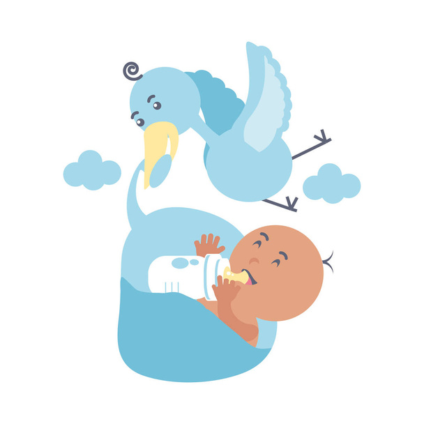 Stork en schattige baby jongen met fles melk - Vector, afbeelding