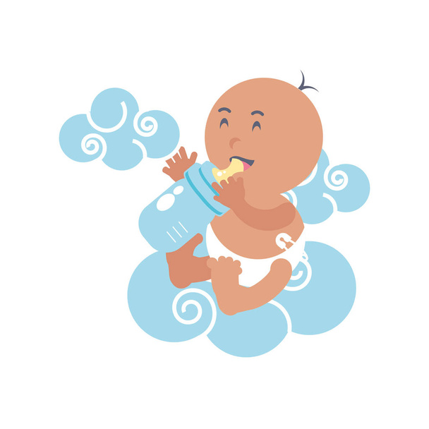 menino bonito com leite de garrafa e nuvens
 - Vetor, Imagem